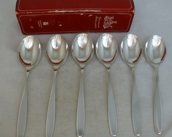 WMF Silver Plate Hamburg Patent 90 Vintage Boxed Set of 6 German Table Spoons 7.75 in - Württembergische MetallwarenFabrik - Made in Germany