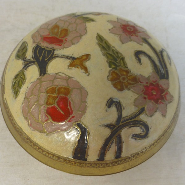 Vintage Brass and Floral Champlevé Enamel Circular Trinket Box with Lid 4 inch D - Hand Crafted - Decorated with Colourful Flowers & Foliage