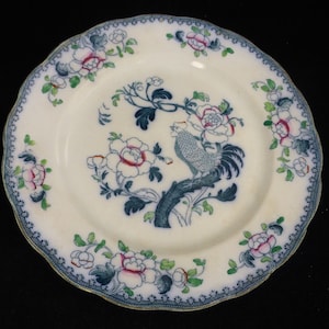 Art Deco Bishop and Stonier Bisto Nankin Dinner Plate – Cockerel with Peonies – Nankin Blue Hand Applied Enamel – English Antique Plate