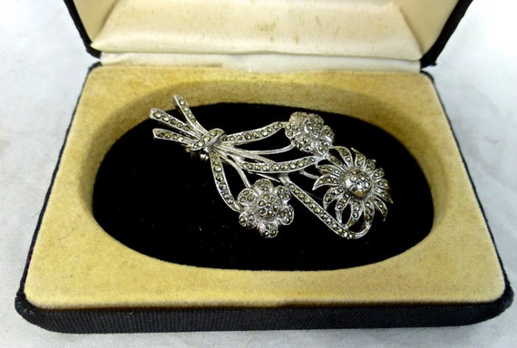 Sterling Silver Marcasite Tulip And Stem Flower Brooch Pin