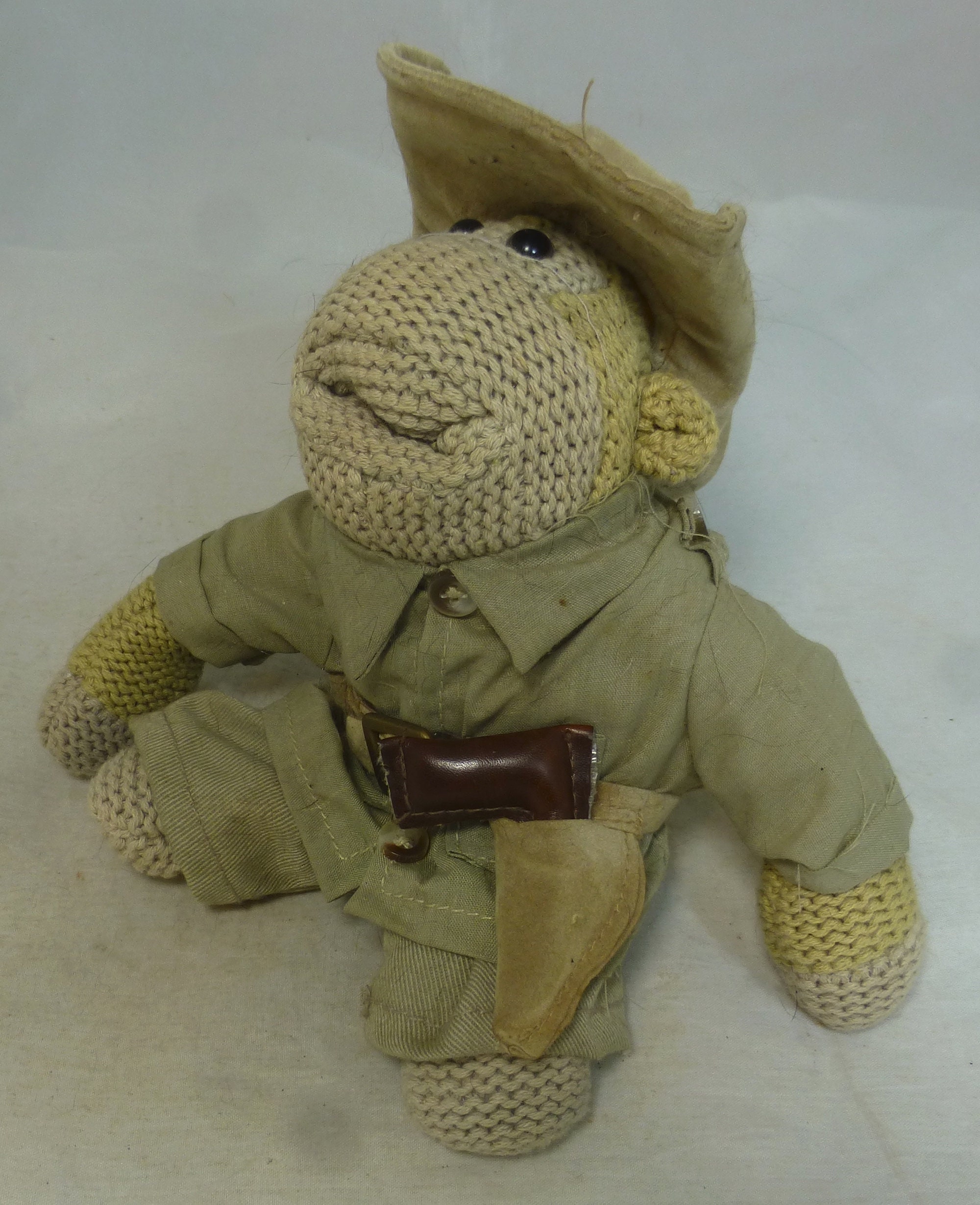 P G Tips Tea Chimp Promotional Knitted Monkey Beanie Explorer Adventurer  Indiana Jones 7.75 Inch Khaki Outfit, Holstered Gun & Safari Hat 