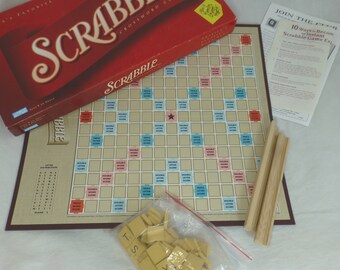 Vintage American Scrabble Hasbro Games 1999 Vintage Board Game in Red Box – Wood Tiles & Racks - Rules on Lid – Complete Set – Fab Condition