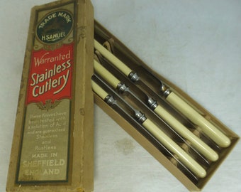 vintage H Samuel signé coffret de 6 couteaux de table en acier inoxydable Sheffield England Firth Brearley avec manche en ivoirin 8,25 po. - Inutilisé