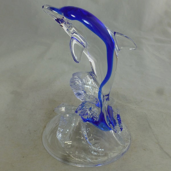 Cristal D'Arques vintage Français Clear & Cobalt Blue Lead Crystal Leaping Dolphin Figurine - 6.25 in H - France Dolphin Gift