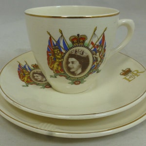 Vintage Queen Elizabeth II Coronation 1953 June 2 Royal Commemorative Cup, Saucer & Side Plate - Biltons England - Her Majesty QE Souvenir