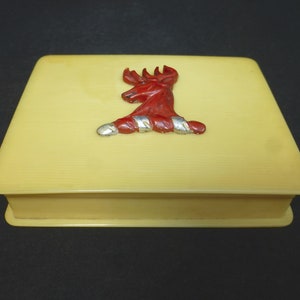 Vintage Avorio tono Celluloide Scatola di sigarette rettangolare / Custodia - Testa di cervo 3D con corna su coperchio incernierato - 3 scomparti - 1930 Tobacciana