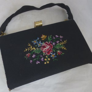 Micro petit point Art déco cousu main Sac à main / Pochette / sac à main de soirée noir - Miroir interne - vintage Cocktail / Danse / Mariage