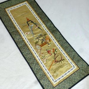 Vintage Chinese Hand Embroidered Silk Tea Garden Mountain Scene Rectangular Panel with Green Brocade Border – Textile Hanging 23 x 9.5 inch