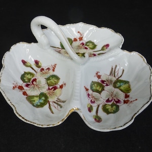 Antique Porcelain Victorian Floral Divided Bowl with Fish Handle & Hand Painted Pansy Flowers - Three Section Divided Serving Bowl or Plate