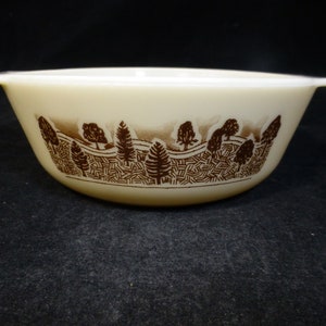 Pyrex Rustic Trees Series Forest Pattern Beige 2 Pint Casserole Serving Dish with Handles – Rare Design - Retro Pyrex Oven to Tableware