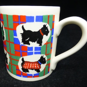 Scottie Dog with Colourful Tartan Coats Porcelain Mug – Jennifer Tuckey Designs – Fun Scottish Terrier Gift Mug