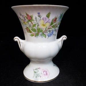 Aynsley Wild Tudor Floral Bone China Large 5.5 inch Pedestal Urn Vase - English Garden Flowers - Pretty Pastel Rose , Viola & Gold Design