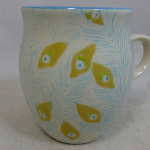 Large Joyee Peacock Feather Turquoise Blue & Yellow Porcelain Mug - Designer Hand Painted Beaker Cup with Blue Rim - Stylish Peacock Gift