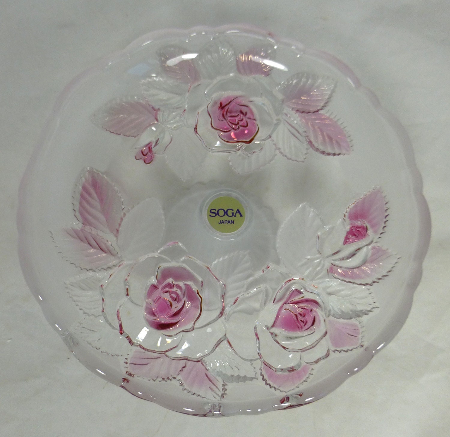 Soga Japan Lead Crystal Ice Rose Glass Vintage Pedestal Tazza / Cake Stand  Japanese Pink Rose Flower & Frosted Leaf Wedding Cake Plate 