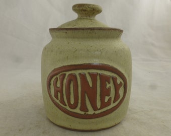 Vintage Tremar Studio Pottery Honey Handmade Lidded Storage Canister / Jar - Spoon Space Lid - Cornwall England - Kitchen Ceramic Container