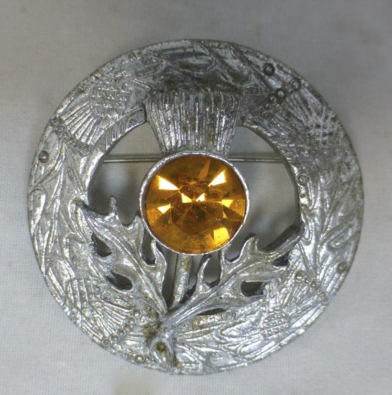 Vintage Scottish Thistle Plaid Round Silver Pewte… - image 1