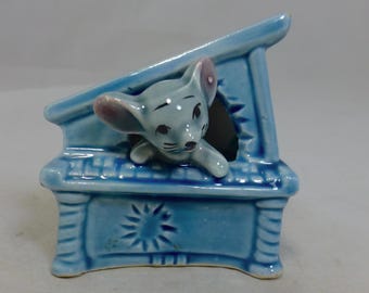 Vintage Kitsch USA Japan Napcoware Porcelain Hand Painted Mouse Blue Grand Piano Figurine - Japanese Collectable - One Foot In One Foot Out