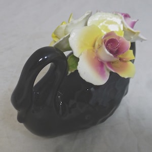 Pretty Vintage Floral Bone China Ornamental Black Swan with Pink and Yellow Rose Flowers and Green Leaves - Damaged petals A/F