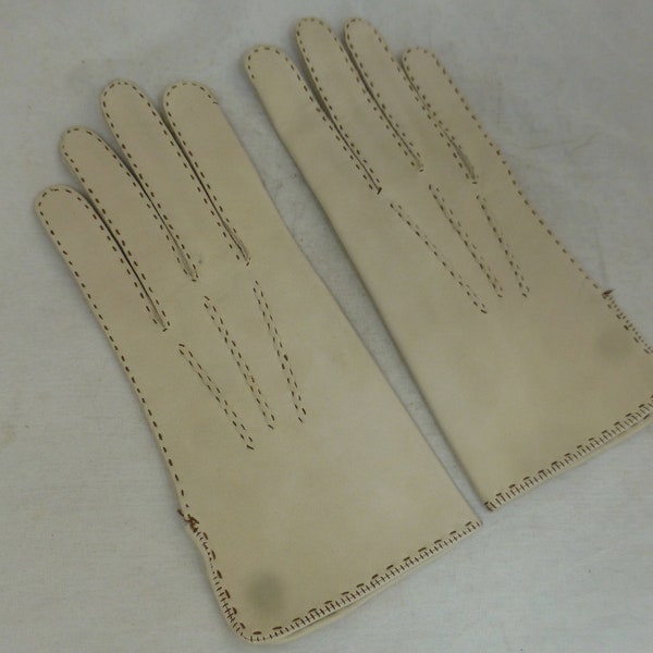 Vintage Small Ladies Cream Super Soft Leather Wrist Gloves with Stitched Detail & Cuff Side Split – Petit 7.75 - Boho Chic Woman's Fashion