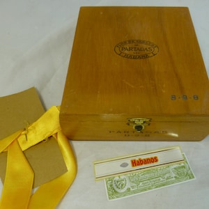 Vintage Wooden Cigar Box with Hinged Lid (Empty) 7.25 x 6.5 in – Contained Handmade cigars – Brass Catch - With Labels and ribbon inside
