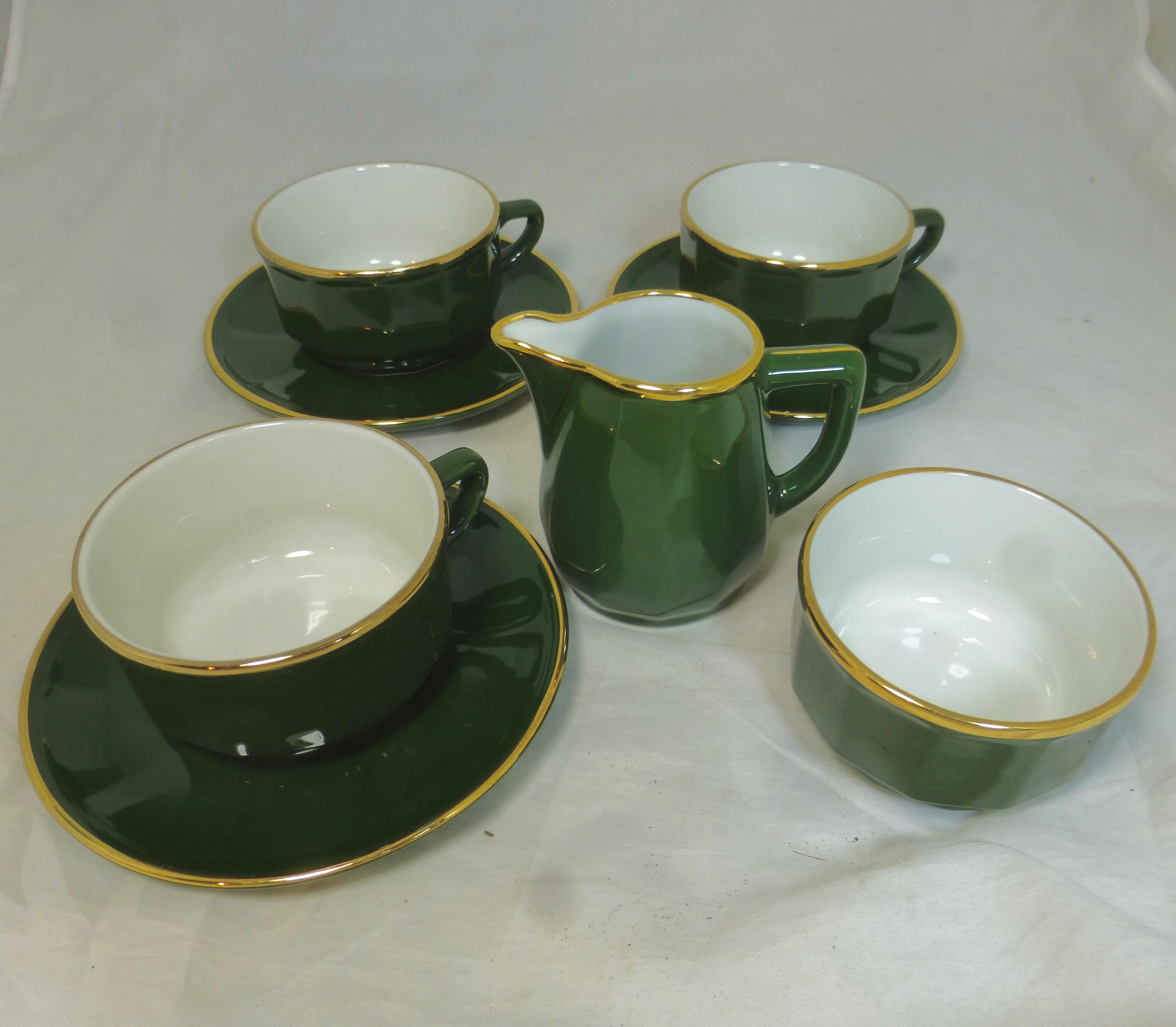 Vintage French Apilco Pottery Bistro Green Gold Porcelain Coffee