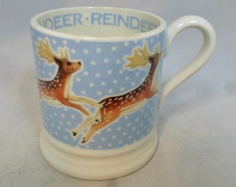 Taza de porcelana de media pinta con diseño de reno en una tormenta de nieve de Emma Bridgewater - Animal invernal en la nieve - Sello de la Corona - Staffordshire, Inglaterra - VGC
