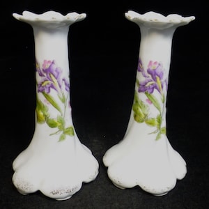 Antique Pair of White Porcelain Candlesticks / Candle Holders - Hand Painted Purple Iris & Pink Blossom Flower Pattern - Gold Trim – 6 in H