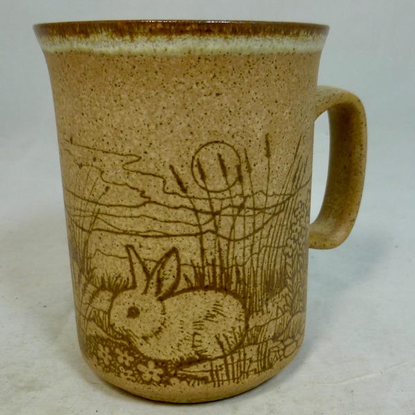 Vintage Dunoon Ceramics Bunny Rabbit and Deer Herd Handcrafted Scottish Brown Stoneware Pottery Mug – Animal Art Scotland Cup VGC