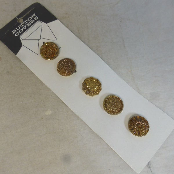 Vintage Accessory Set of 5 Decorative Button Covers on a Card 2 cm D - Brass Gold Tone Metal Carded - All Different