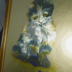 Puede incluir: Una pintura enmarcada de un gatito calico con pelaje negro, blanco y naranja. El gatito est&aacute; sentado sobre un fondo dorado con una sombra azul y negra debajo.