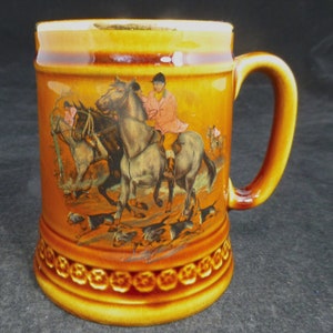 Lord Nelson Pottery Horse and Hounds Fox Hunting Scene Brown Treacle Glaze Porcelain Half Pint Tankard Mug - England - Barware Mantique Gift