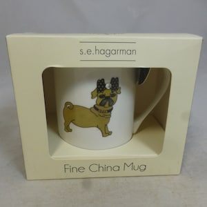 S.E. Hagarman Cute Brown Pug Dog Fine China Mug in Gift Box - Polka Dot Bow with Diamanté Detail - Pug Dog lover gift - BNIB Unused