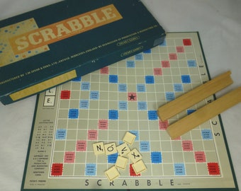 Vintage Scrabble J W Spear’s Games 1955 Vintage Board Game in Green Box – Plastic Tiles & Wood Racks - Rules on Lid – Complete Set – VGC