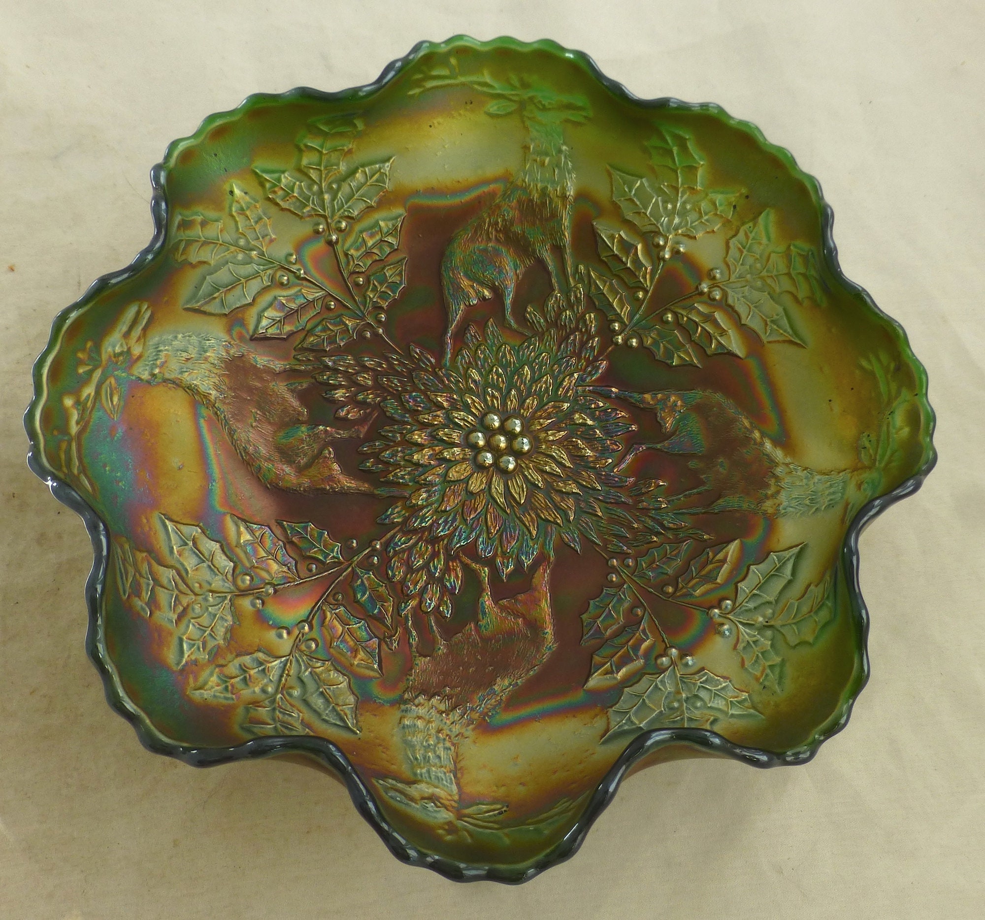 アンティーク フェントン スタッグ アンド ホリー カーニバル ガラス