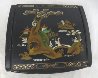 Vintage Quality Japanese Style Black Lacquer Rectangular Trinket Box, Fold Up Lid - Hand Painted Enamel Oriental Tea Garden 4 inch W c 1950s