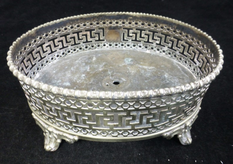 Antique Large Oval Silver Plated Pierced Bottle Holder \u2013 Galleried Wine Bottle Coaster \u2013 blank Cartouche \u2013 Vintage Barware Wine /& Champagne