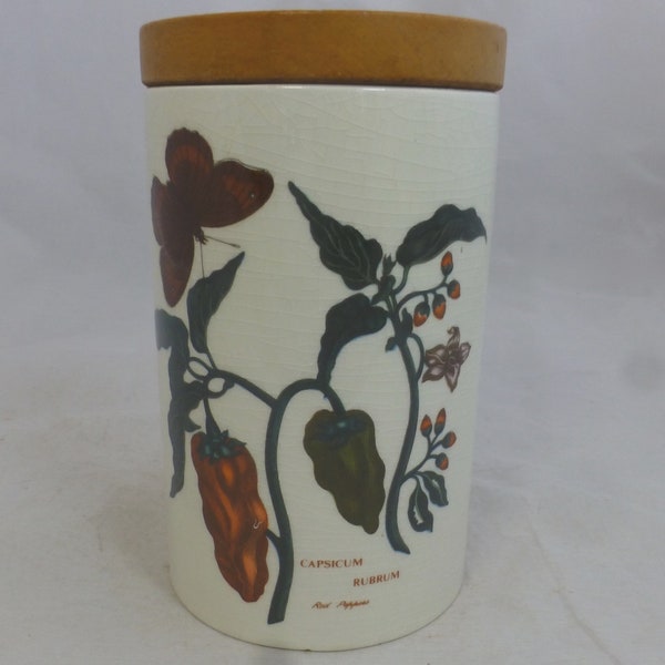 Early Portmeirion Large Botanic Garden Canister / Storage Jar & Wood Lid – Red Pepper Capsicum Rubrum 7 in H – Large Copyright Design Stamp