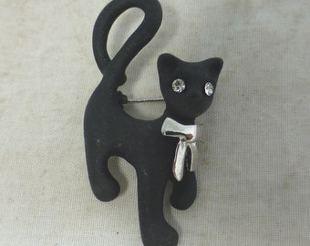 Black Cat Crystal and Enamel Silver Tone Vintage Brooch – Cute Cat with Long Tail, Crystal Eyes and Bow Collar - Lucky Black Cat Jewellery