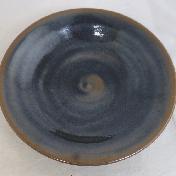 Stylish Japanese Vintage Charcoal Grey & Brown Glazed Ceramic Shallow Footed Dish - 7.75in D  Handmade Studio Pottery Bowl - Made in Japan