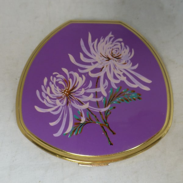 Rare Stratton Purple Chrysanthemum Floral Vintage Clam Shell Makeup Mirror / Powder Compact – Gold Metal & Enamel – Retro Handbag Accessory