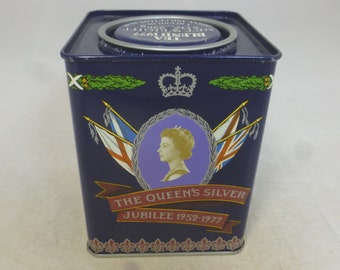 Queen Elizabeth II Silver Jubilee Blue Tea Caddy Tin - Jacksons of Piccadilly 1977 - Royal Souvenir Square Tea Container 4.5 in H - Empty