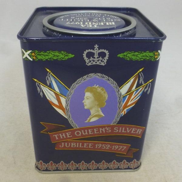 Queen Elizabeth II Silver Jubilee Blue Tea Caddy Tin - Jacksons of Piccadilly 1977 - Royal Souvenir Square Tea Container 4.5 in H - Empty
