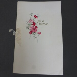 Vintage 1930s Tarjeta de felicitación "Best Wishes" y "Feliz Año Nuevo" sin usar - Flores de clavel rosa rojo pintadas a mano con verso de Clifton Bingham