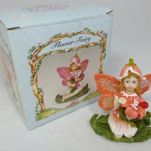 Vintage Pretty Orange Flower Fairy with Ladybird Gift - Magical Beautiful Girl Fairy Ornament in Original Gift Box - Collectible Resin Fairy
