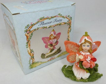 Vintage Pretty Orange Flower Fairy with Ladybird Gift - Magical Beautiful Girl Fairy Ornament in Original Gift Box - Collectible Resin Fairy