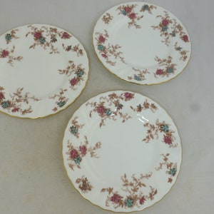 Minton Ancestral Set of 3 Bone China Bread & Butter Plates - 6.25 inch D – Pink and Turquoise  Flowers – Wreath backstamp - Made in England