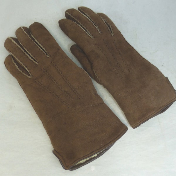 Paire vintage de gants de poignet en peau de mouton marron pour femme avec intérieur en laine crème douce - Détail de couture sur le dos et les poignets - Fente de poignet - Taille 7 S/M