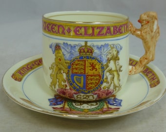 Vintage Coronation King George VI & Queen Elizabeth 12 mei 1937 Koninklijke herdenkingsmunt kop schotel Duo van Paragon China - ongebreidelde leeuw handvat
