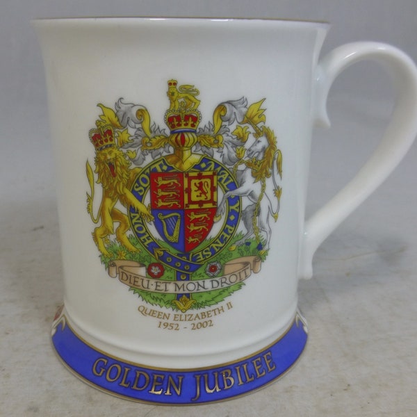 Vintage Queen Elizabeth II Golden Jubilee Commemorative Bone China Tankard Mug - Ringtons - Honi Soit Qui Mal Y Pense - Dieu et Mon Droit