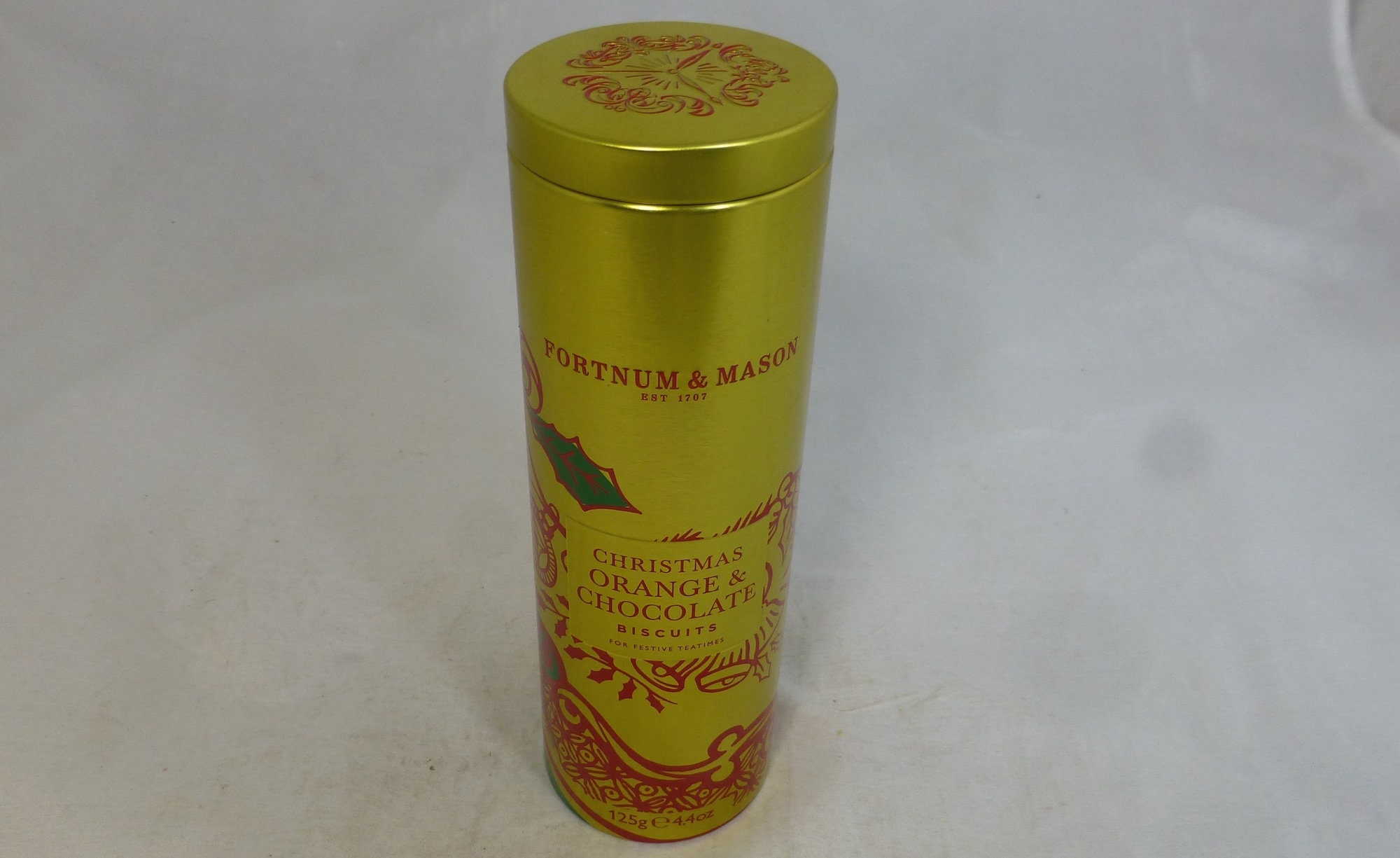 Fortnum & Mason Festive Gold Red Metal Tin 7.5 in H - Christmas Orange and Chocolate Biscuits Storage Canister - F M London Cookie Souvenir